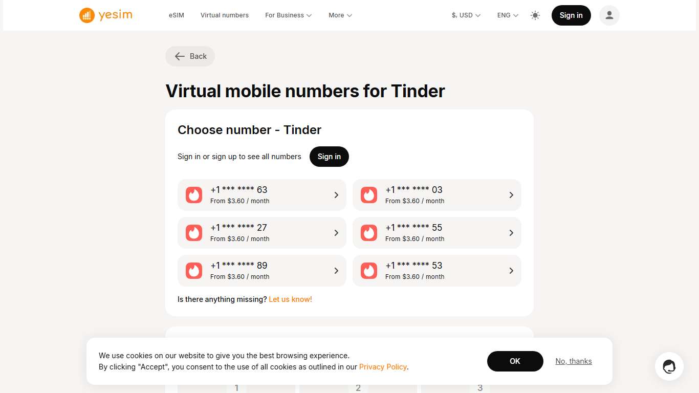 Virtual cell phone numbers for Tinder - Yesim